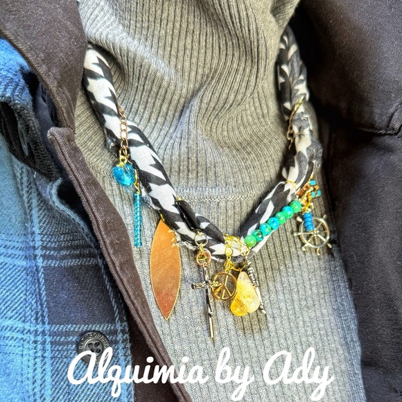 Black and white bandanna scarf charms turquoise citrine necklace - Picture 1 of 5
